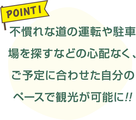 不慣れな道の運転や駐車場を探すなどの心配なく、ご予定に合わせた自分のペースで観光が可能に!!
